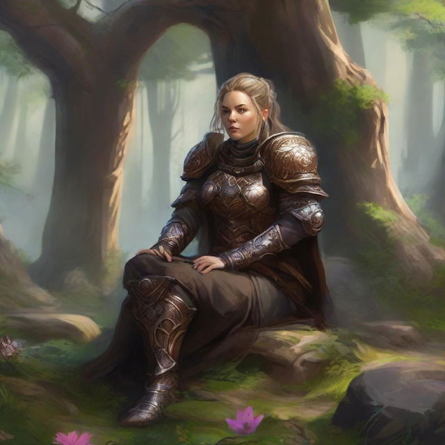 a current made from splinters and earth floats around a female dwarven kineticist that meditates amid nature while wearing her heavy armor