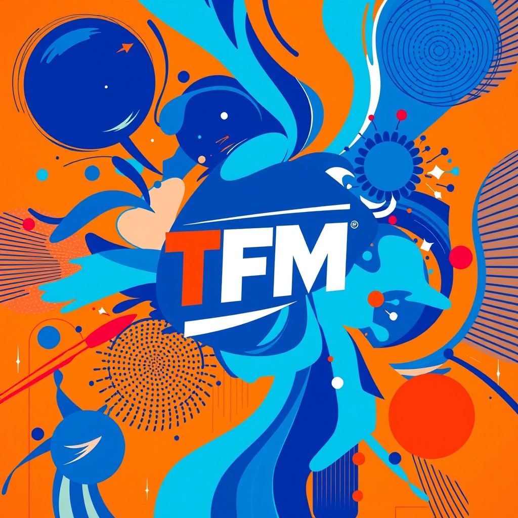 A vibrant poster for a TFM event featuring dynamic abstract designs, bright colors, and striking typography