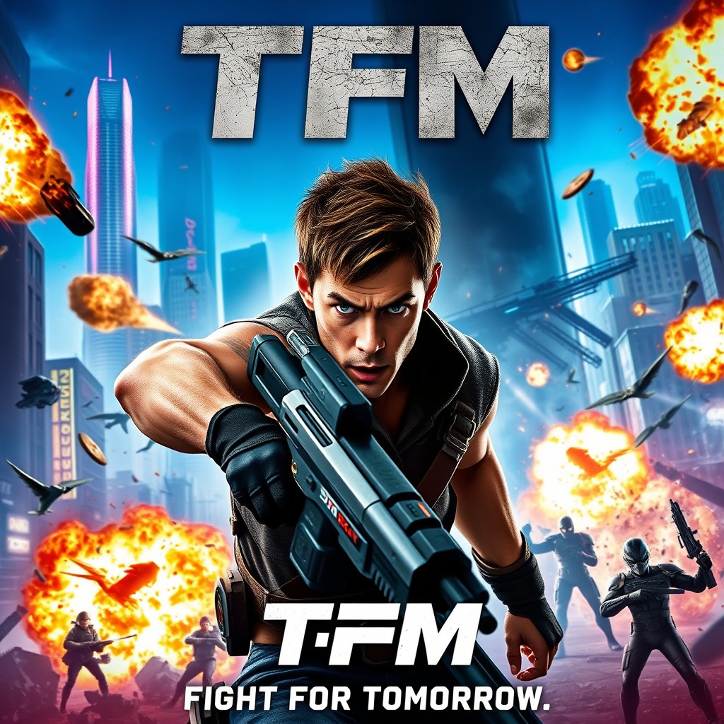 A dynamic movie poster for TFM, featuring an action-packed scene with heroic characters engaged in an intense battle