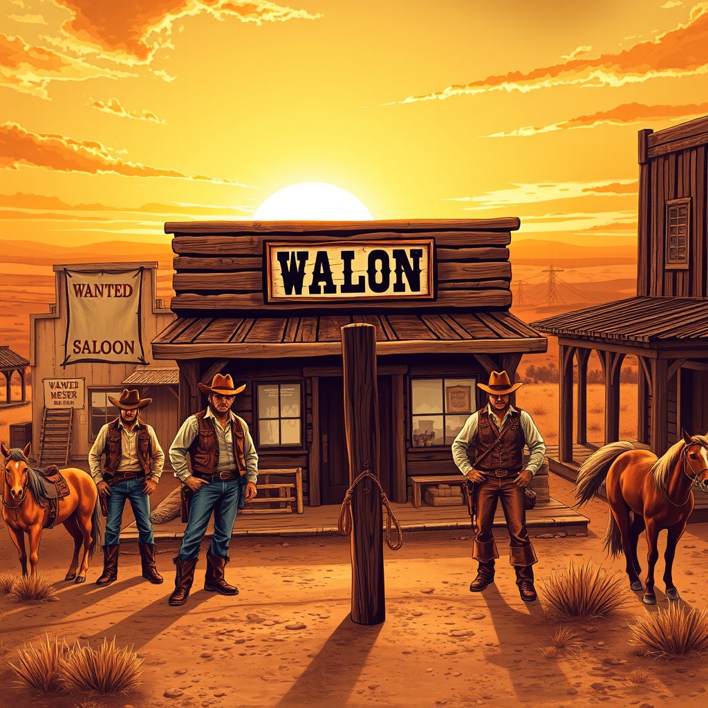 An old west scene featuring a dusty saloon and cowboys wearing classic attire such as hats, vests, and chaps, with a wooden horse hitching post in front