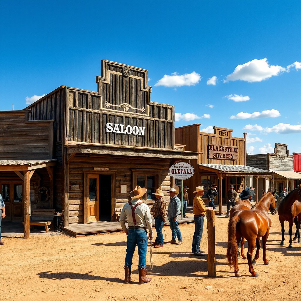 An old Western scene featuring a dusty frontier town