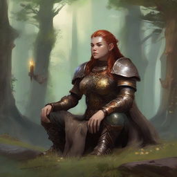 a current made from splinters and earth floats around a female dwarven kineticist that meditates amid nature while wearing her heavy armor