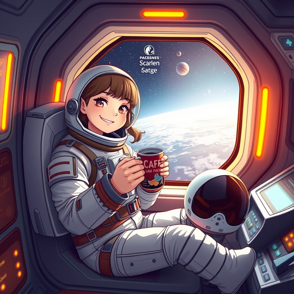 An astronaut girl sitting in the window of a spaceship, enjoying a cup of coffee from an aluminum pack
