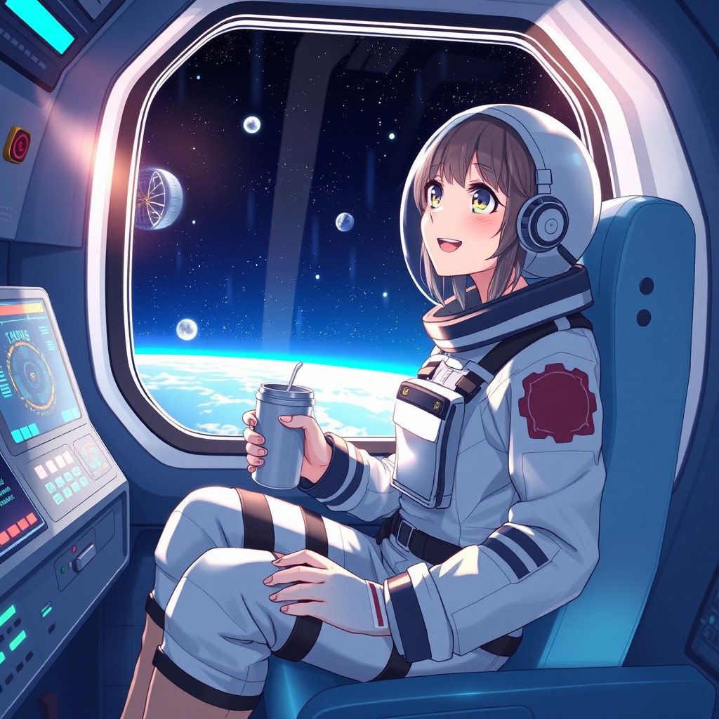 An astronaut girl sitting by the window of a spaceship, enjoying a cup of coffee from an aluminum pack