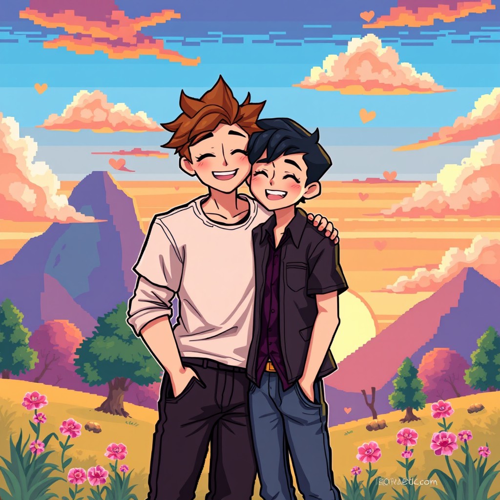 Two characters in a loving relationship, depicted in a vibrant pixel art style, standing close together amidst a charming pixelated landscape