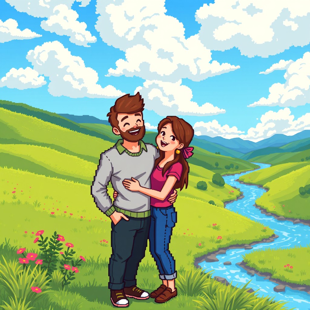 A pixel art scene depicting two people in a loving relationship, standing close to each other, smiling