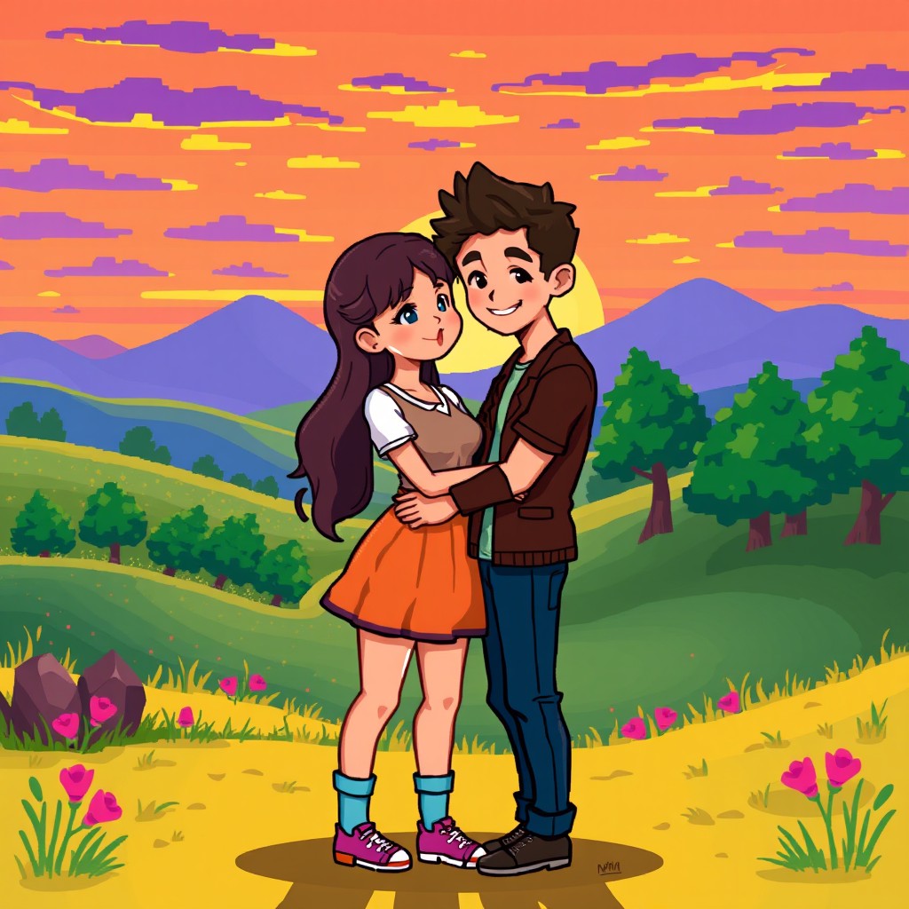 Two characters in a relationship, depicted in a pixel art style, standing close to each other and sharing a tender moment
