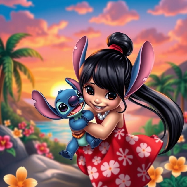 A colorful and imaginative scene featuring Lilo and Stitch, showcasing their adventurous spirits in a Hawaiian landscape