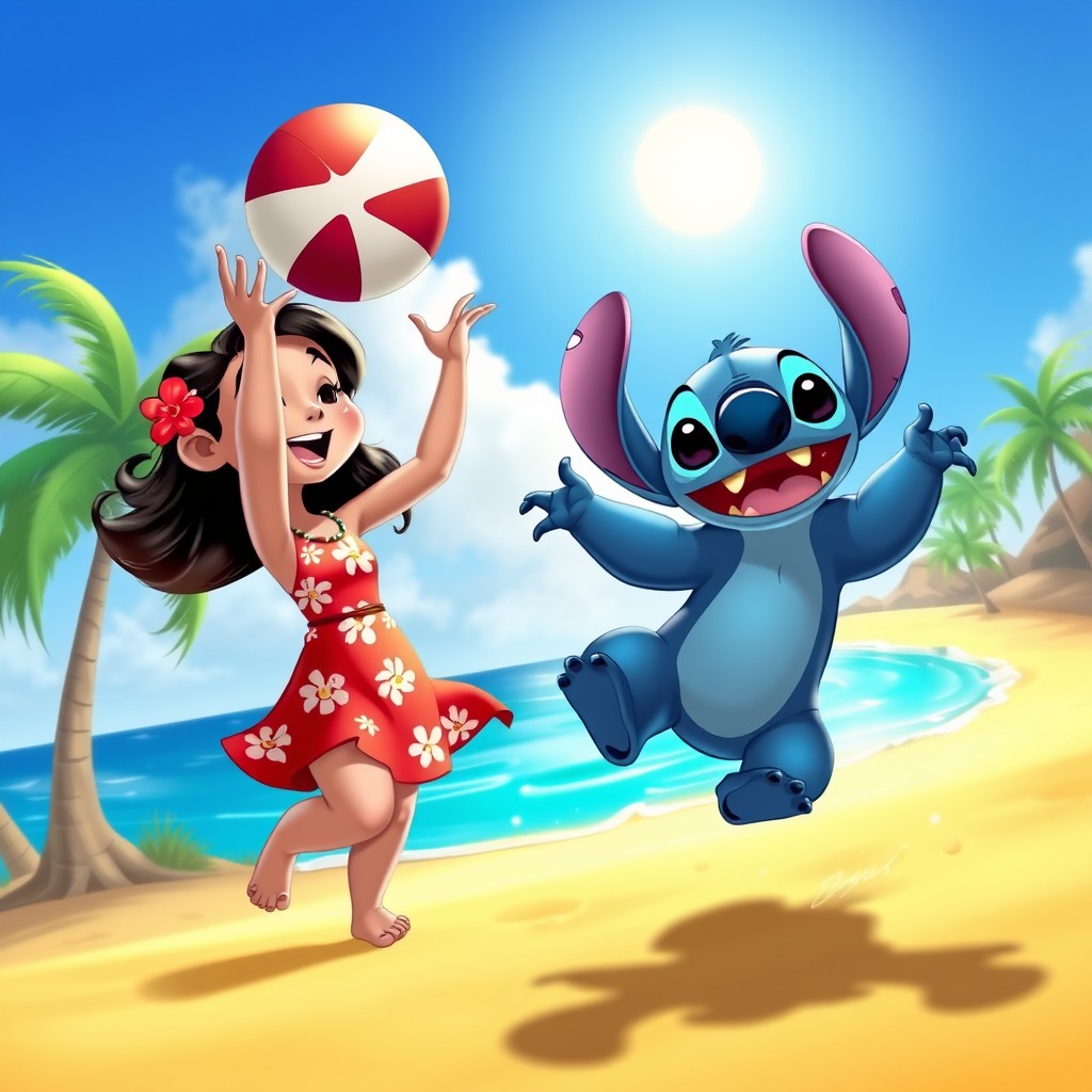 A vibrant and playful scene featuring Lilo and Stitch enjoying a sunny day at the beach