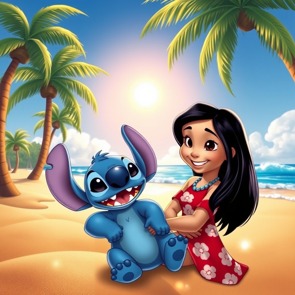A vibrant and colorful scene featuring Lilo and Stitch, the beloved characters from Disney