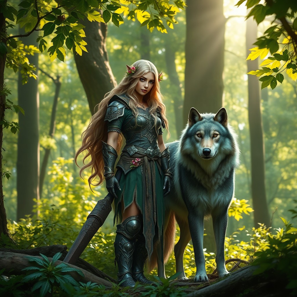 A majestic sylvan elf standing gracefully in a lush green forest, surrounded by tall trees and vibrant foliage