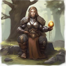 a current made from splinters and earth floats around a female dwarven kineticist that meditates amid nature while wearing her heavy armor