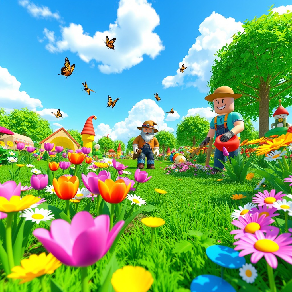 A vibrant virtual garden scene inspired by Roblox, featuring colorful flowers like tulips and daisies, lush green grass, and whimsical decorations like garden gnomes and colorful pathways