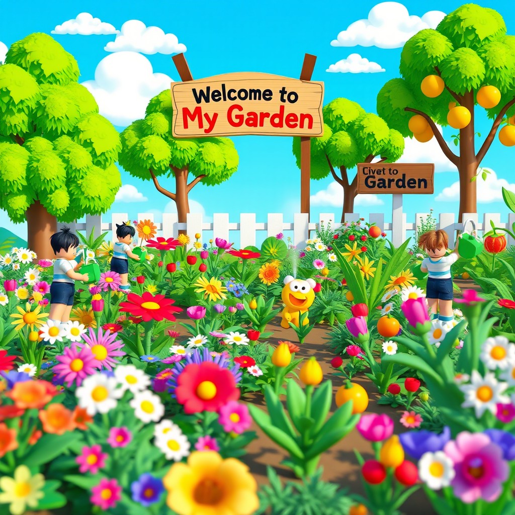 A vibrant and colorful Roblox garden filled with diverse flowers in various colors, lush green plants, and playful garden decorations