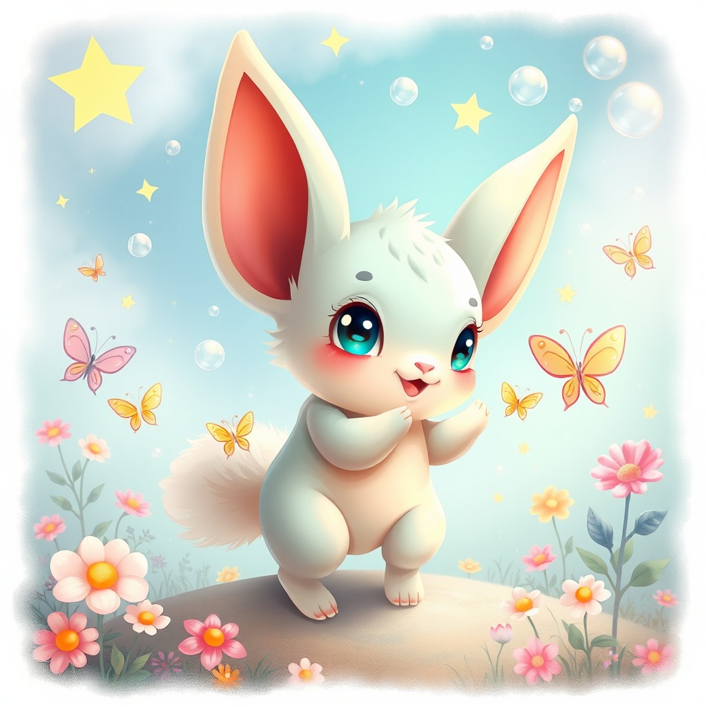 A whimsical and colorful representation of a magical creature called 'Labubu' with oversized ears, bright eyes, and a fluffy tail, surrounded by sparkling stars and floating bubbles in a dreamy landscape