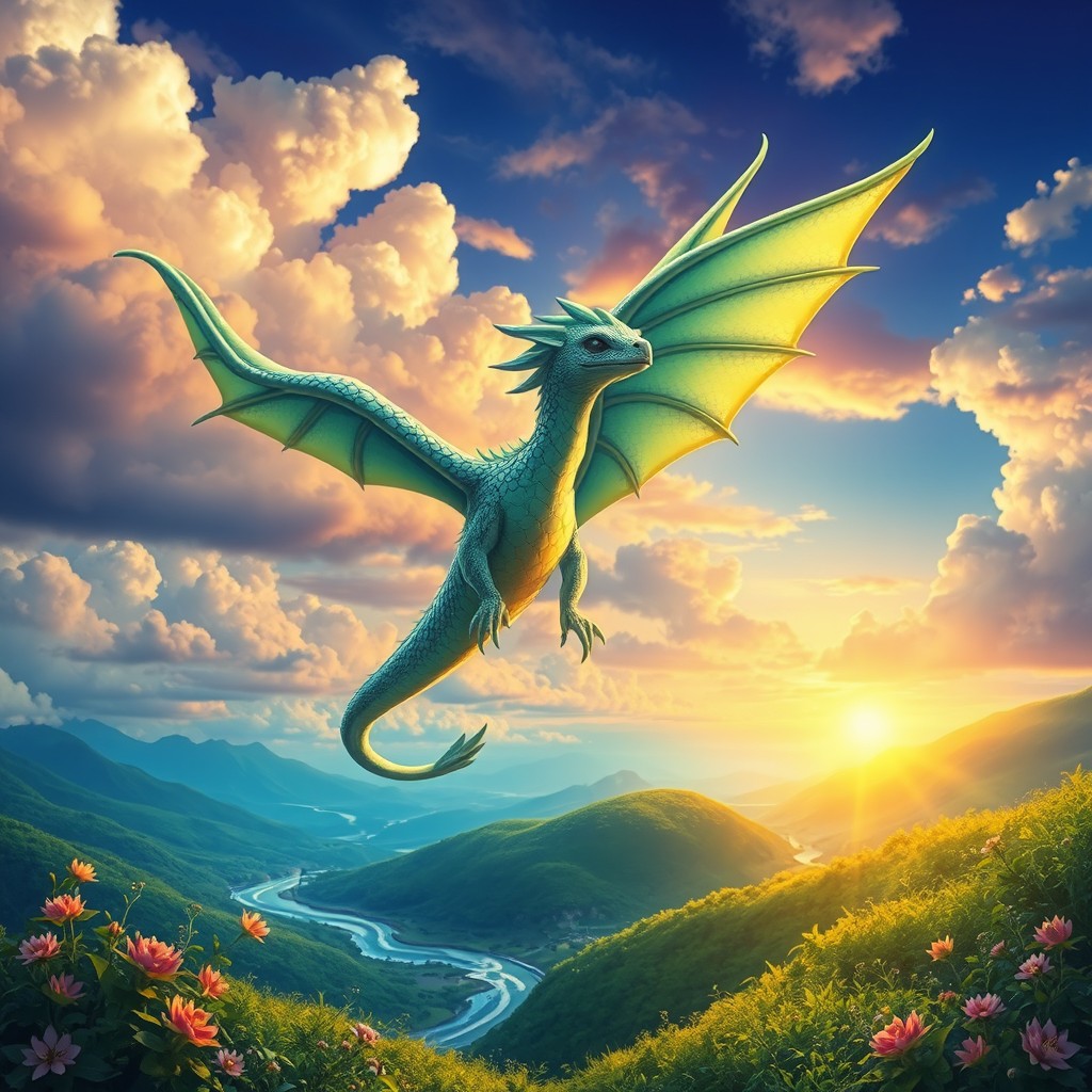 A serene landscape featuring Labubu, a mythical creature resembling a cross between a dragon and a bird, soaring gracefully in a vibrant sky filled with colorful clouds