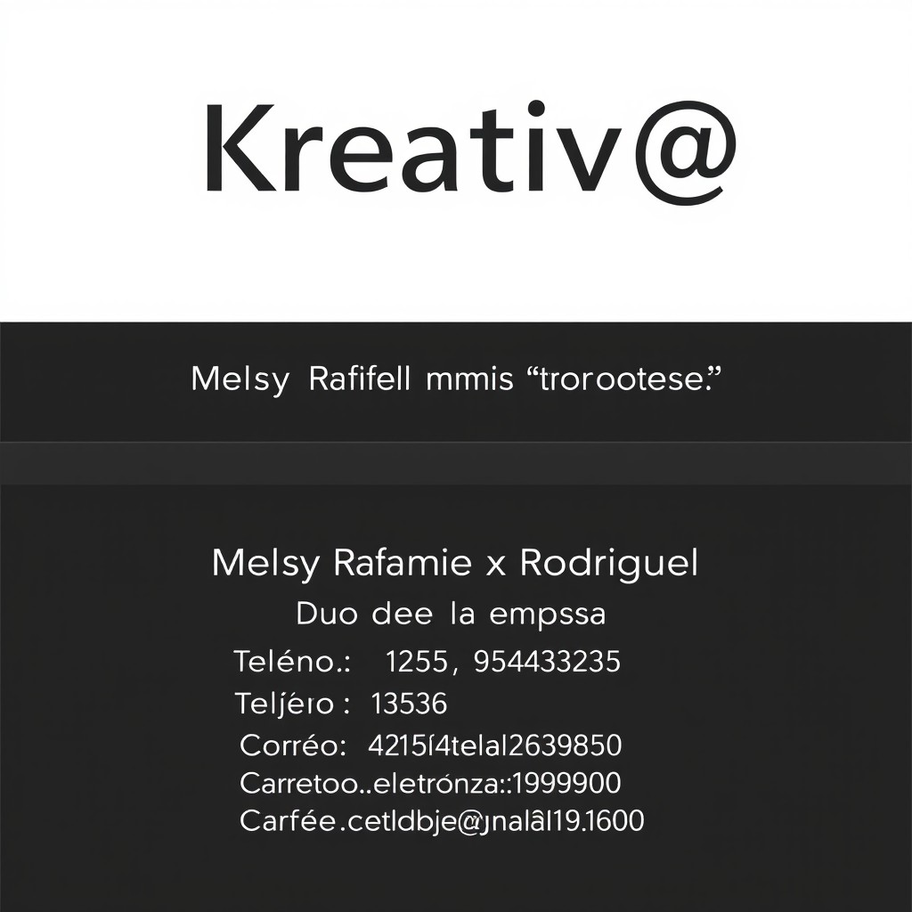 A minimalist business card design featuring the following details: Business name 'Kreativ@' prominently displayed at the top