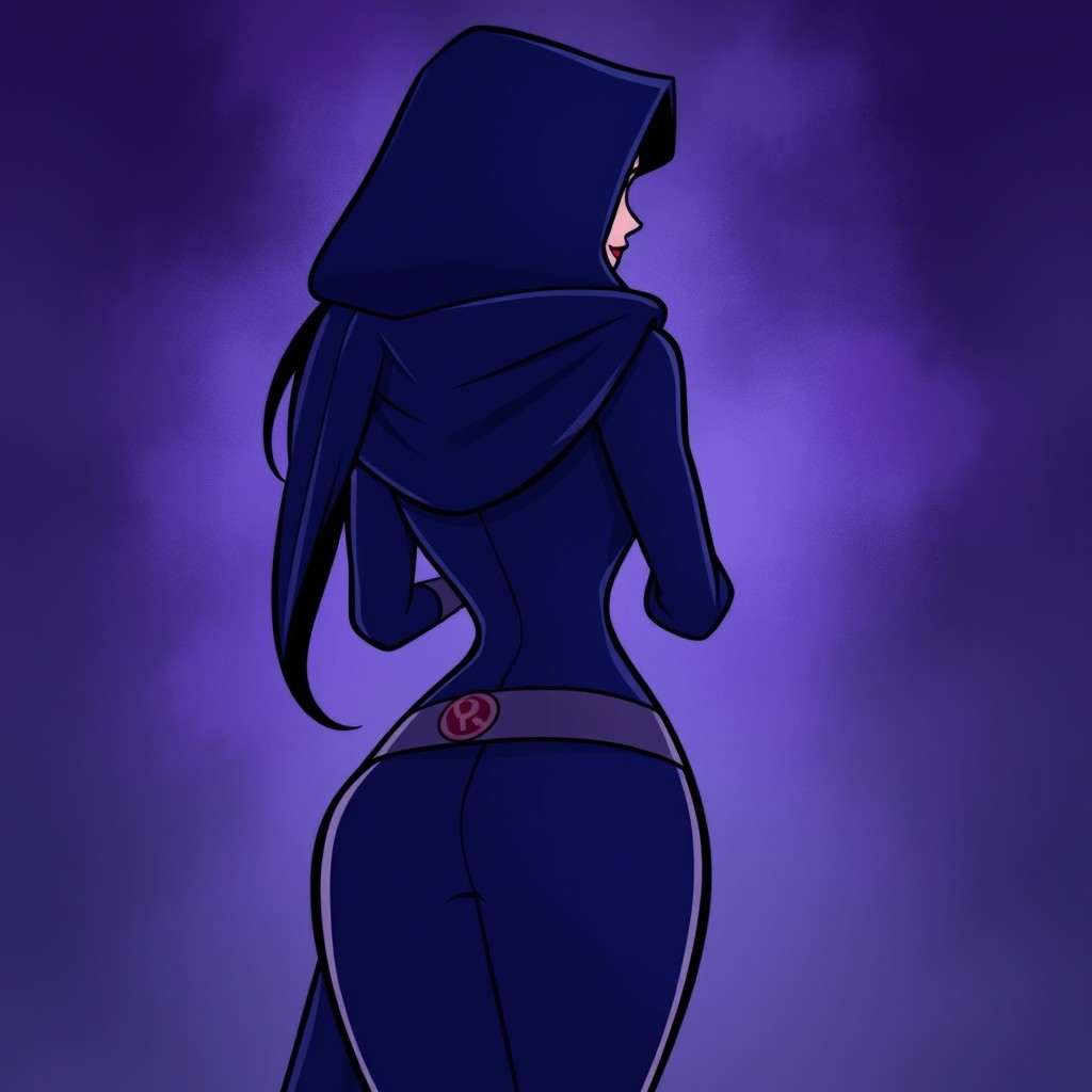 A stylized illustration of Raven from Teen Titans, depicted from behind with an emphasis on her large, shapely backside