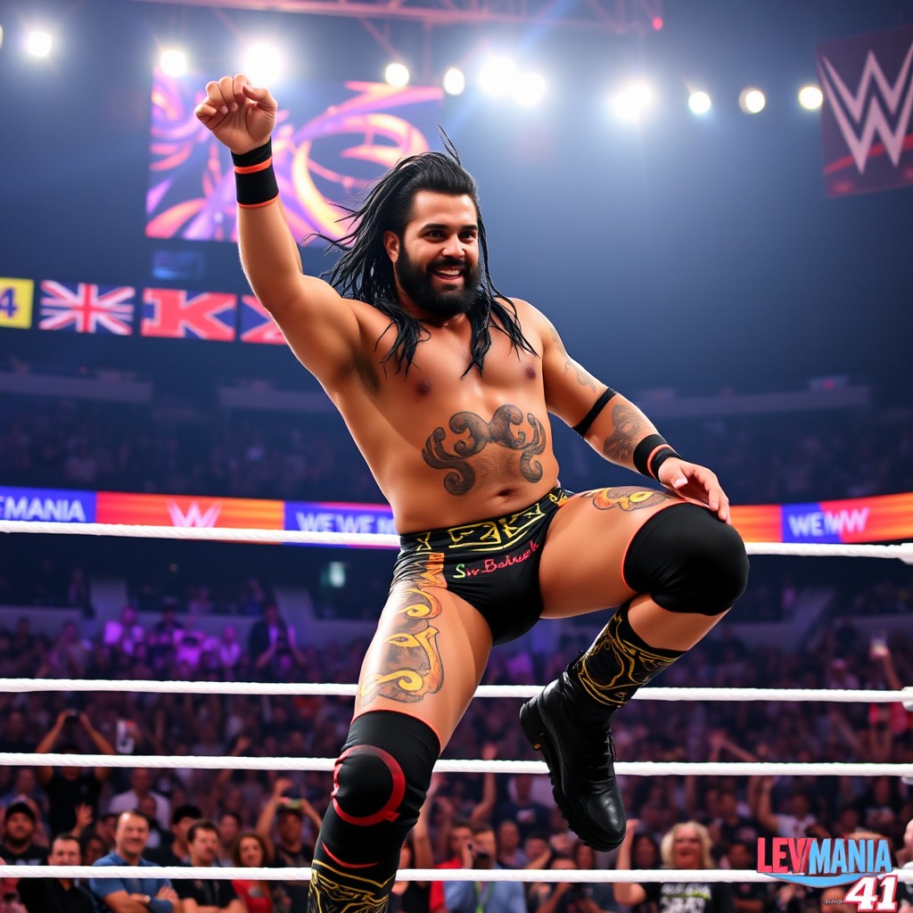 A dynamic and powerful wrestling scene featuring Jey Uso at WrestleMania 41, showcasing him in an intense moment inside the ring