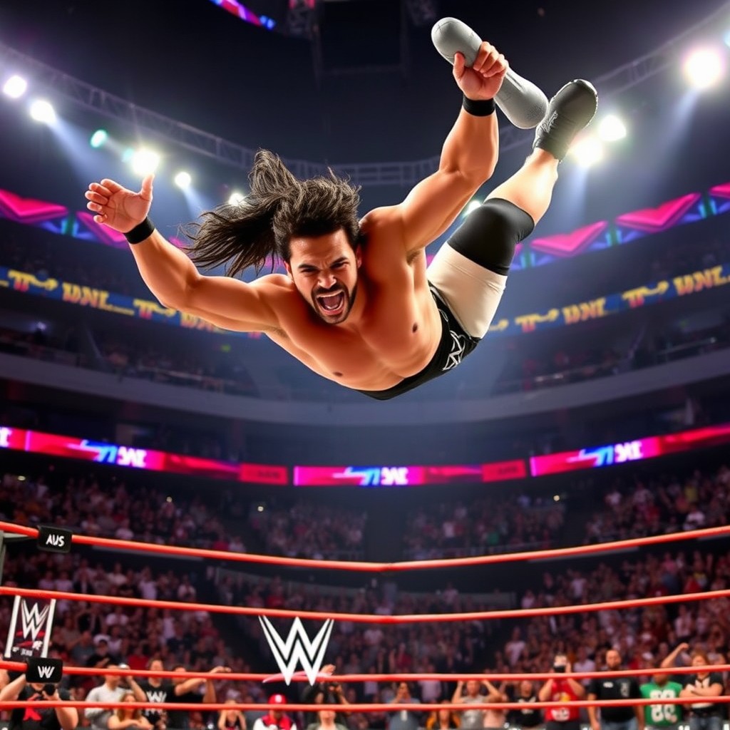 An action-packed wrestling scene featuring Jey Uso at WrestleMania 41, showcasing his dynamic athleticism and unique fighting style