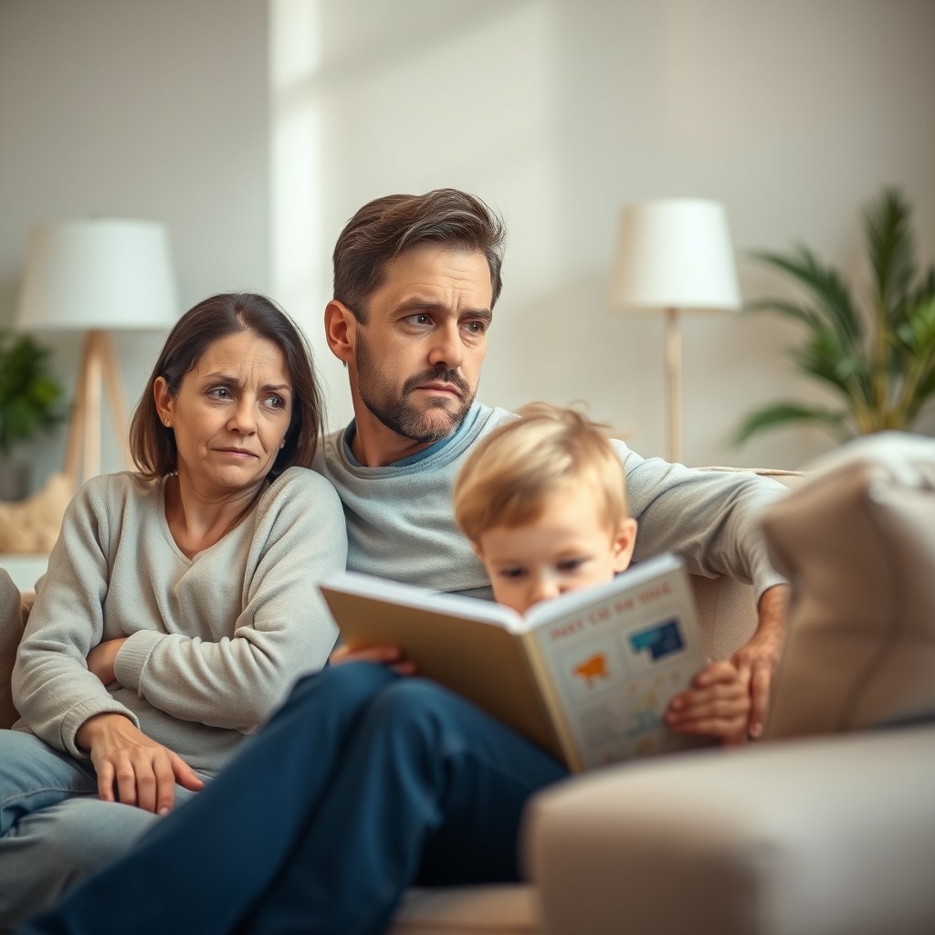 A family scene depicting a couple (man and woman) or a family with a child sitting on a sofa in a bright, minimalist living room