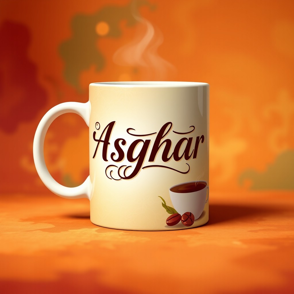 A beautifully designed coffee mug featuring the name 'Asghar' in elegant, artistic typography