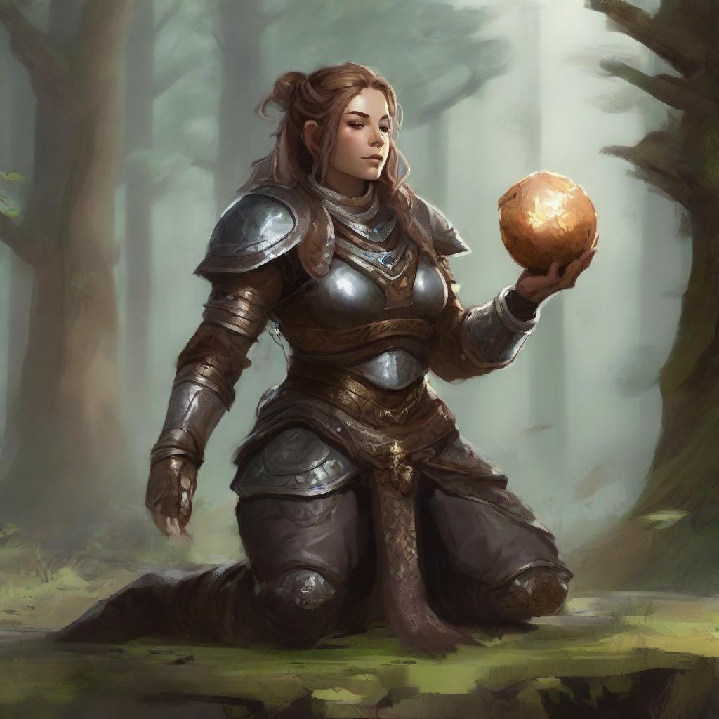 a current made from splinters and earth floats around a female dwarven kineticist that meditates amid nature while wearing her heavy armor