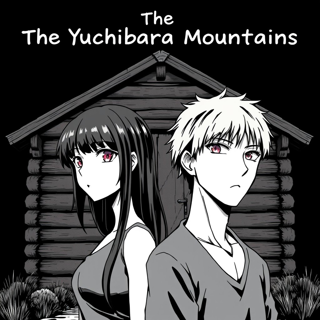 A striking black and white manga anime scene featuring a rustic cabin painted in a chipped dark brown