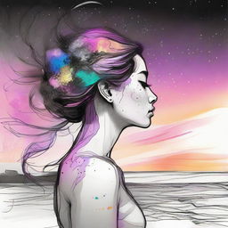 Sketch a side-profile woman with the colors of a sunset infused in her skin, set against a beach background. A scene of colliding galaxies transitions intriguingly from vibrant color to black and white.