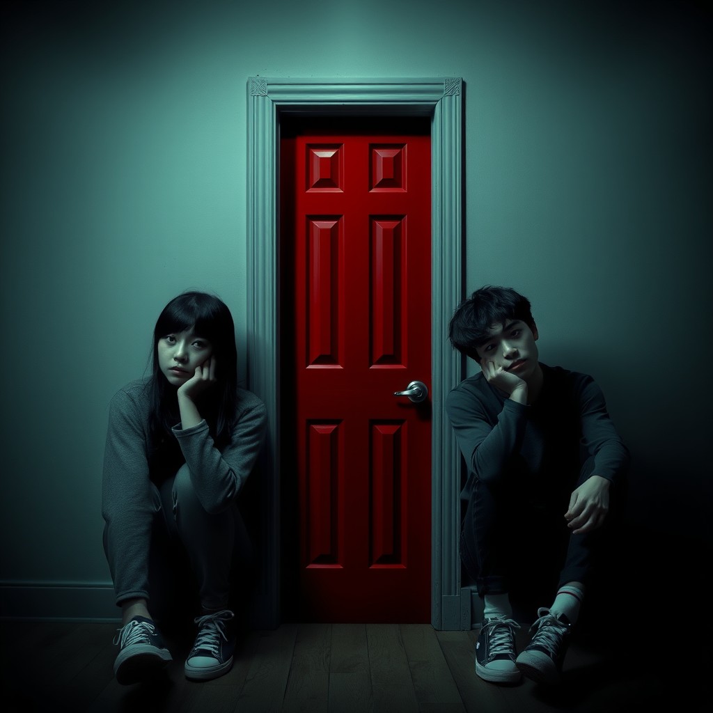 Two sad teenagers sitting opposite each other, with a crimson-colored door standing prominently between them