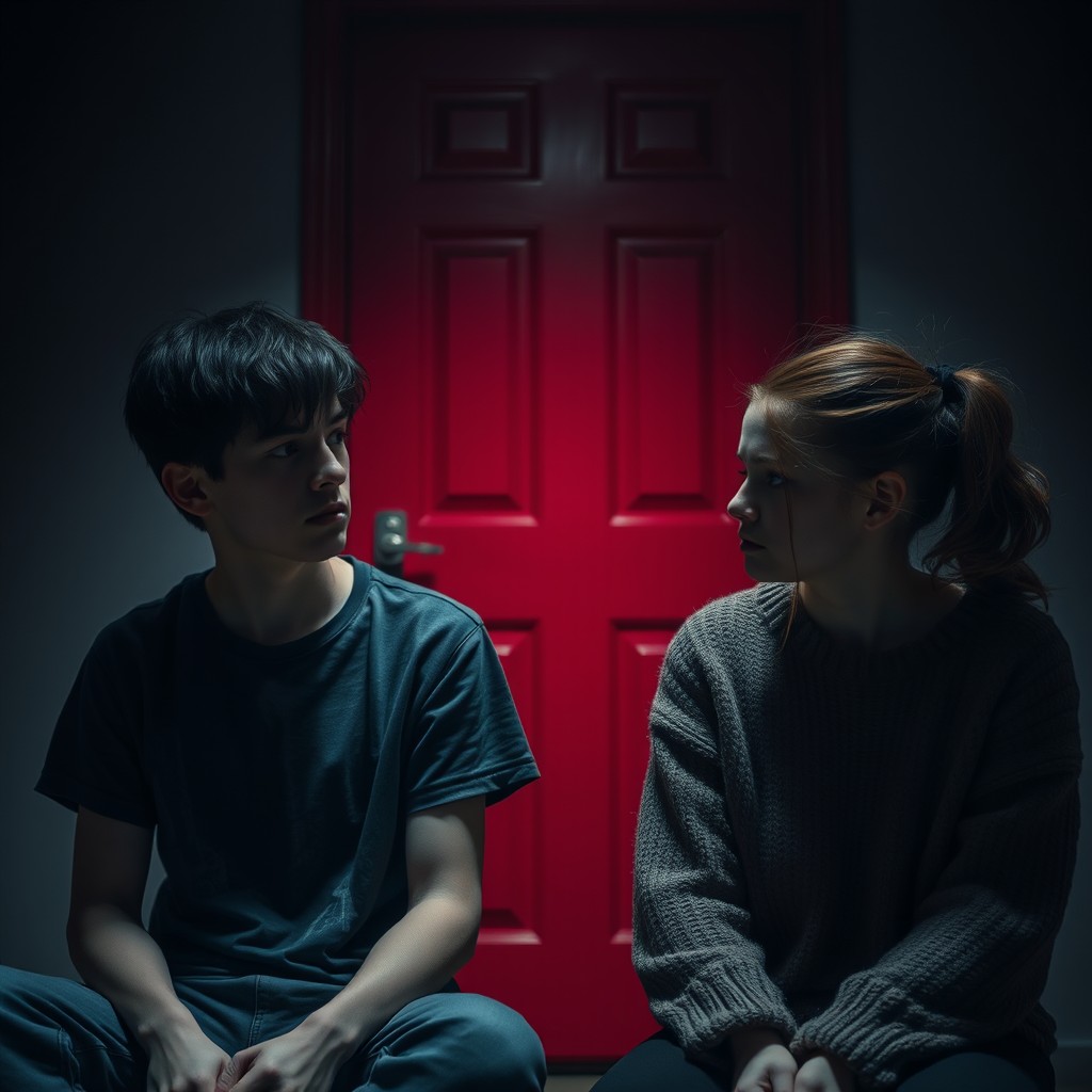 Two sad teenagers sitting opposite each other in a dimly lit room, with a vibrant crimson door standing between them