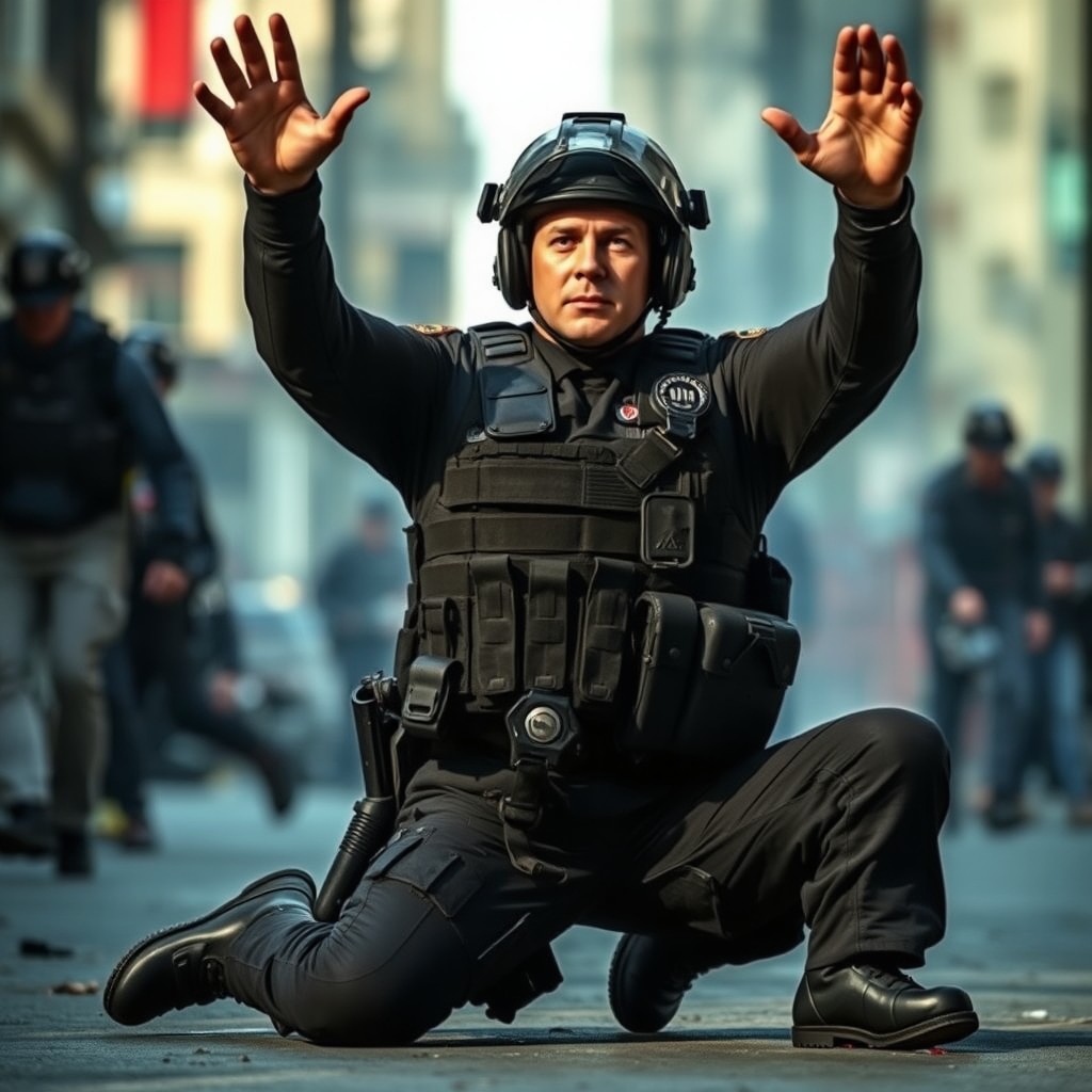 A fully geared police officer kneeling down with hands raised in the air in a tense and dramatic scene