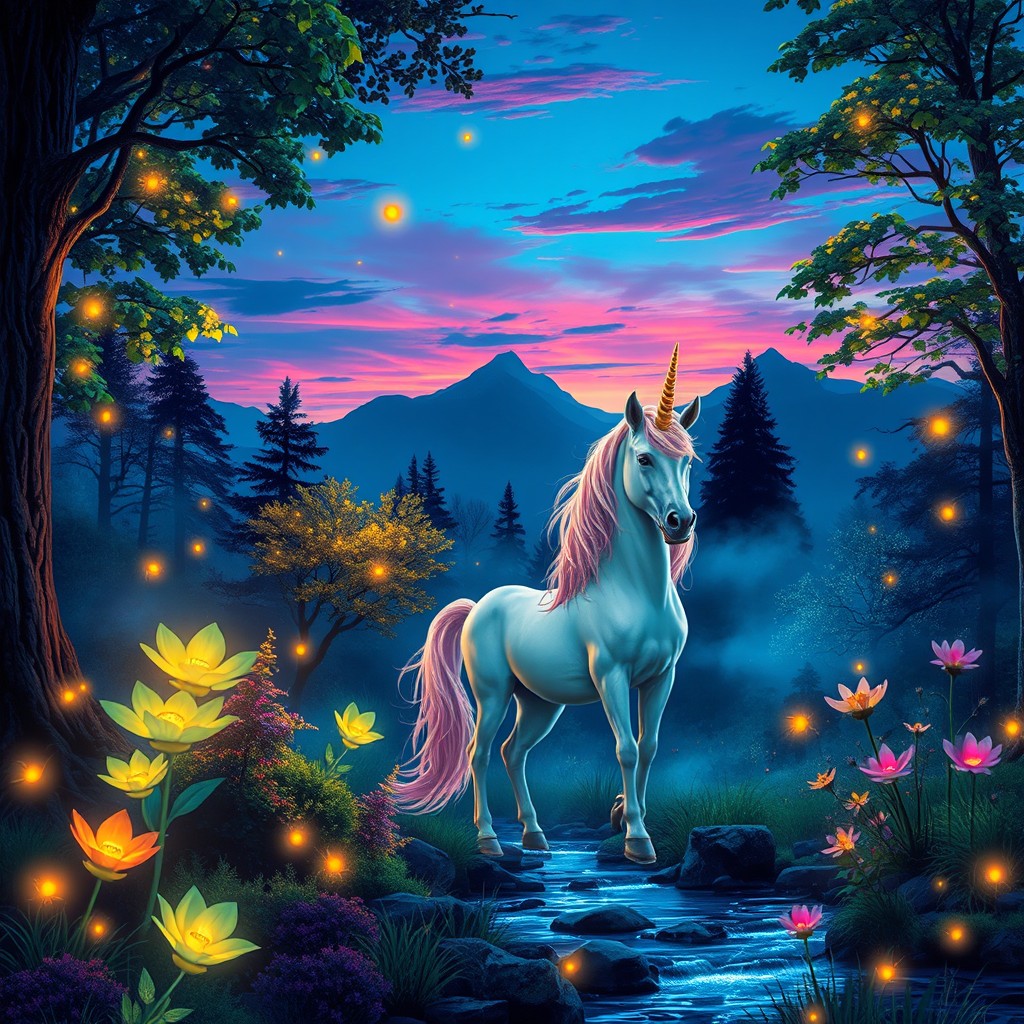 A vibrant and mythical forest scene at dusk, featuring magical glowing plants and trees with luminescent leaves