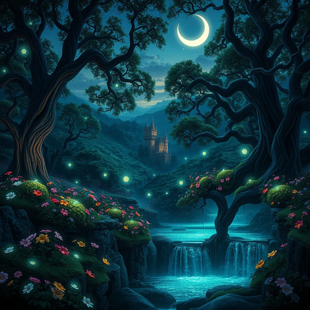A captivating fantasy landscape of a mystical forest at twilight, filled with bioluminescent plants glowing in shades of blue and green