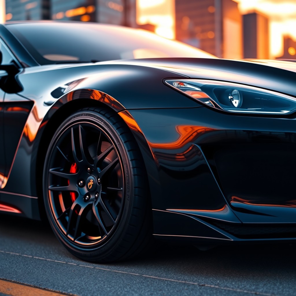 A close-up view of a sleek, modern sports car with glossy black paint, showcasing its stunning black tires