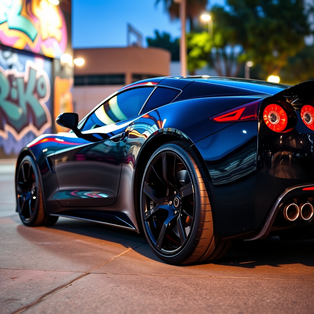 A sleek, modern sports car with glossy black paint, featuring stylish black wheels with intricately designed rims