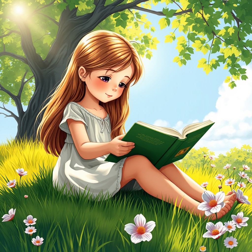 A young girl sitting on a grassy hill, deeply engrossed in reading an open book