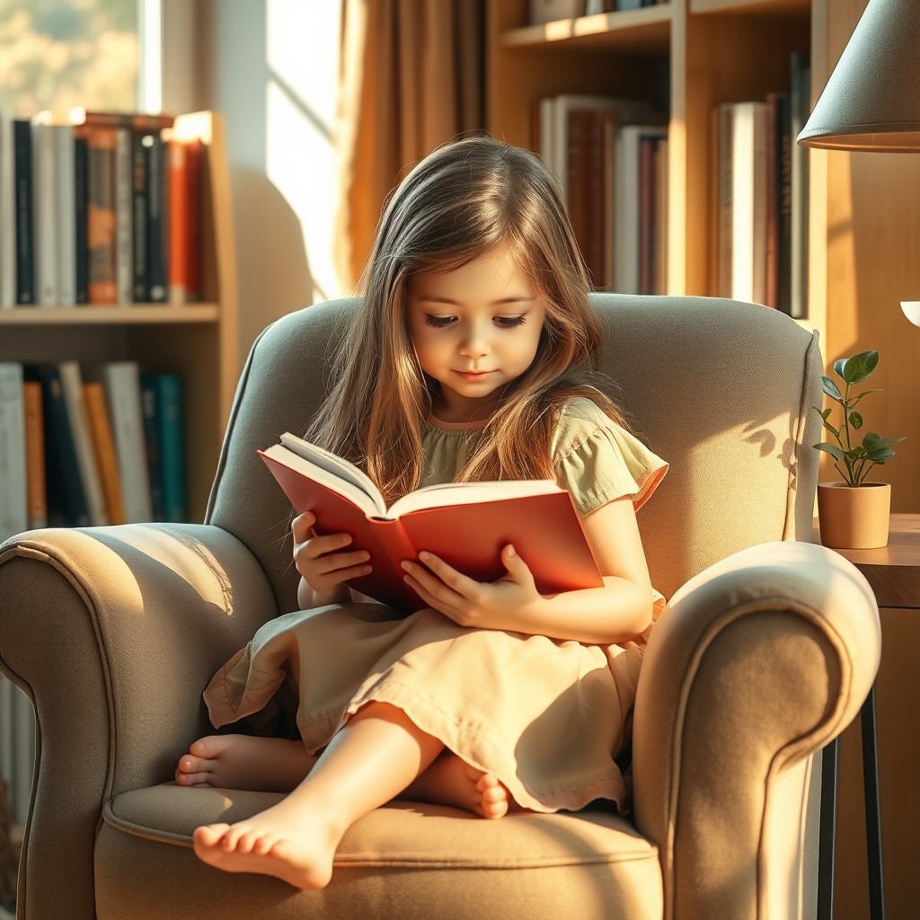 A young girl sitting comfortably on a cozy armchair, deeply engrossed in reading a book
