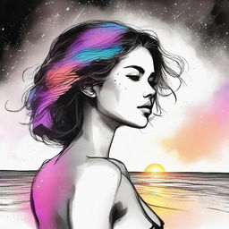 Sketch a side-profile woman with the colors of a sunset infused in her skin, set against a beach background. A scene of colliding galaxies transitions intriguingly from vibrant color to black and white.