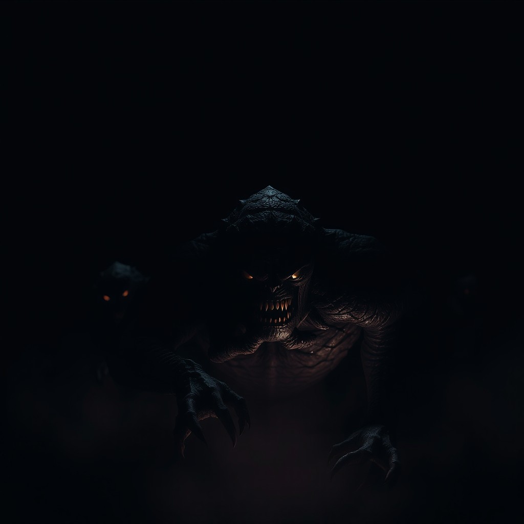 A mysterious and dramatic scene featuring various monsters lurking ominously in the background, with a stark black backdrop to enhance the eerie atmosphere