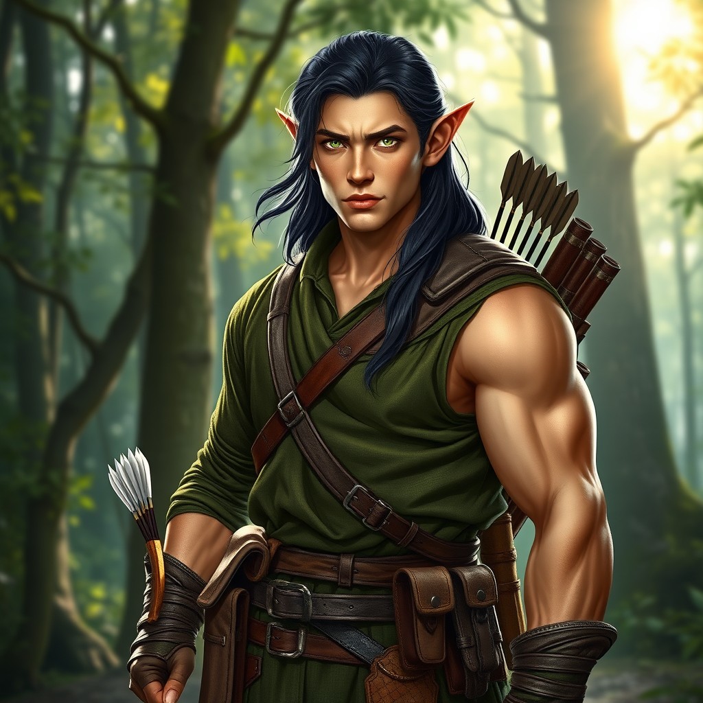 A full body portrait of a male half-elf ranger, showcasing his defined muscular build and elegant features