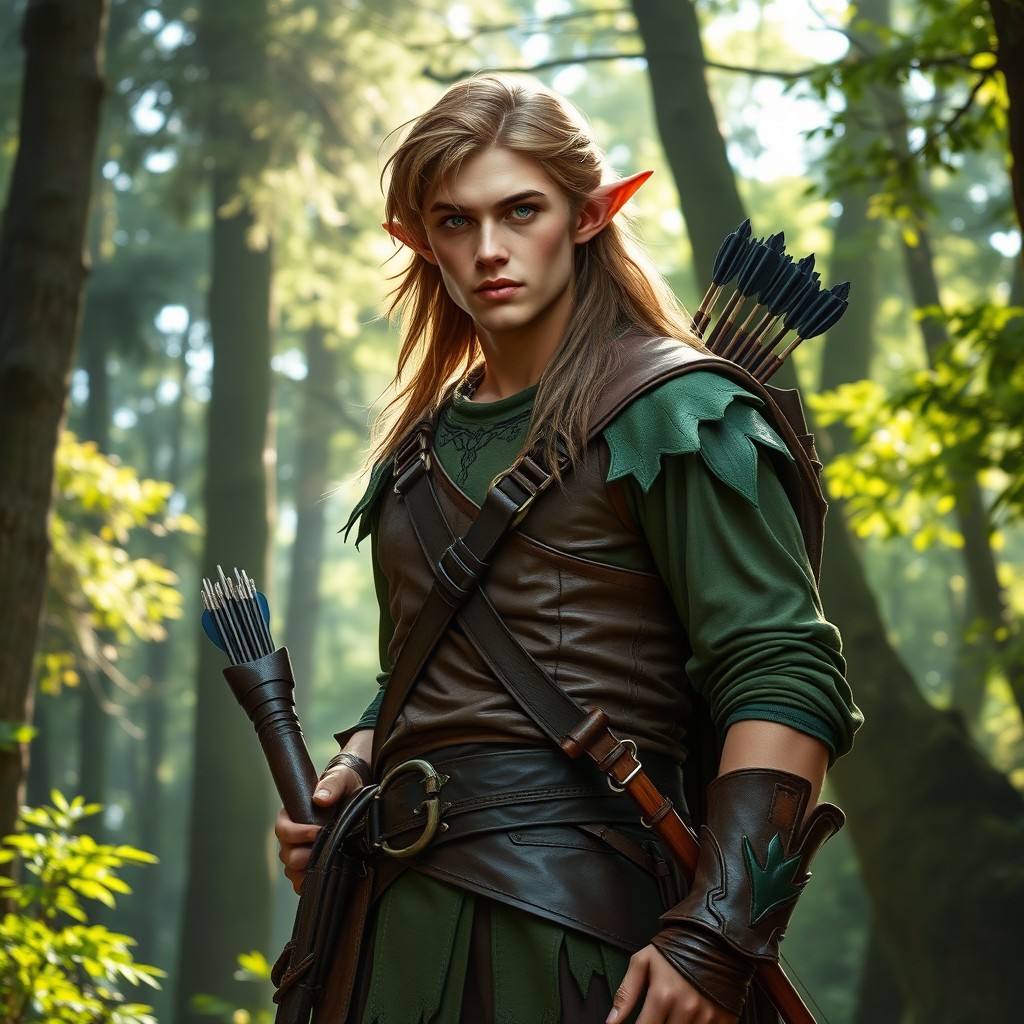 A full body portrait of a male half-elf ranger standing confidently in a lush forest setting