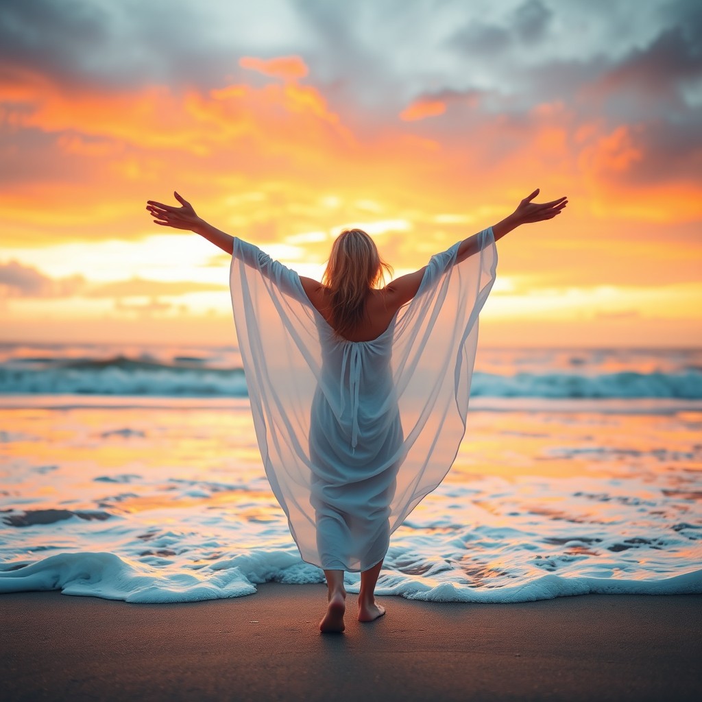 A serene and ethereal scene featuring a person with their arms wide open, embracing a soaking sunset on the beach with waves gently crashing at their feet