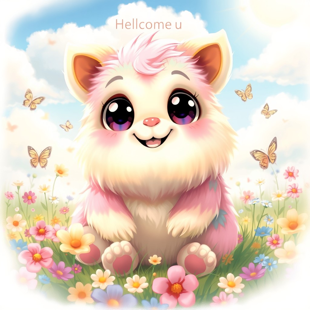 A cute and chubby creature with oversized round eyes and a big smile, sitting playfully in a colorful meadow filled with flowers and butterflies