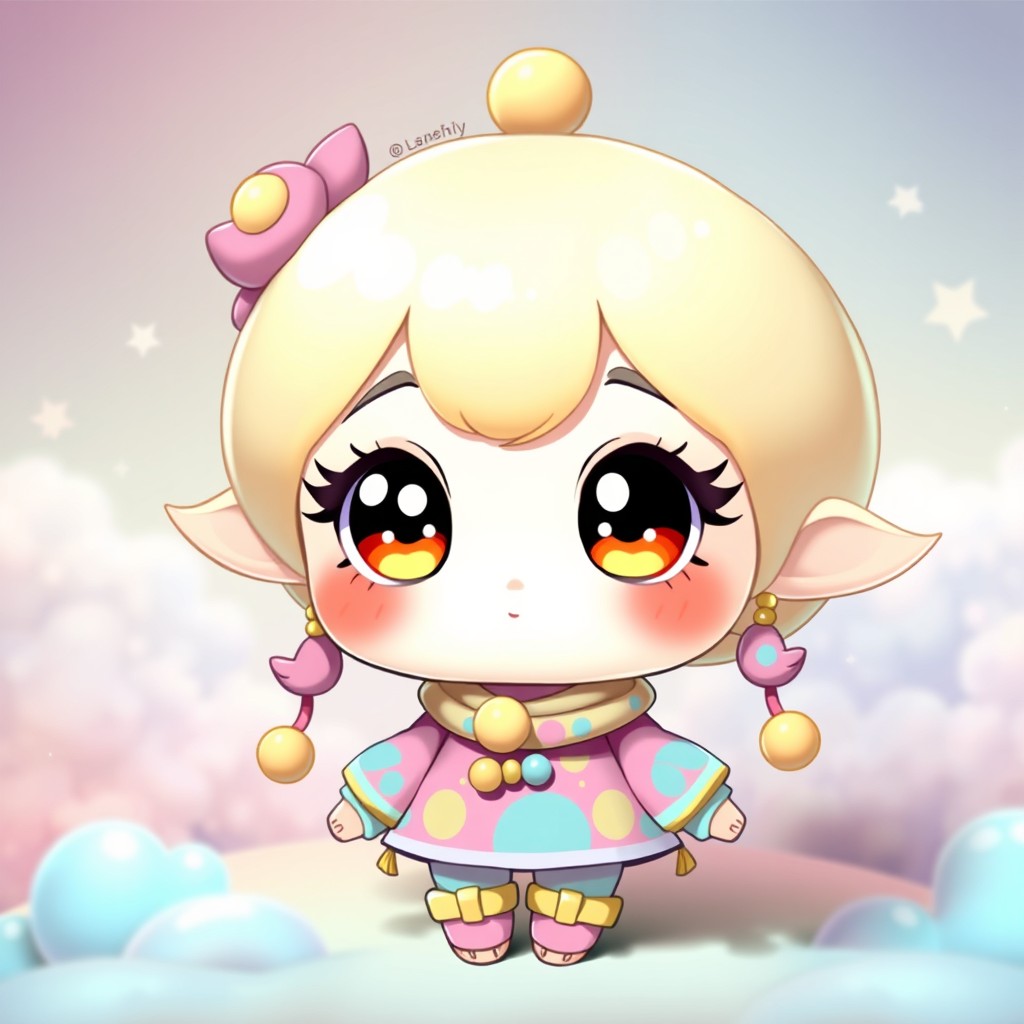 A cute and whimsical chibi character with big expressive eyes, round cheeks, and an oversized head