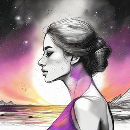 Sketch a side-profile woman with the colors of a sunset infused in her skin, set against a beach background. A scene of colliding galaxies transitions intriguingly from vibrant color to black and white.