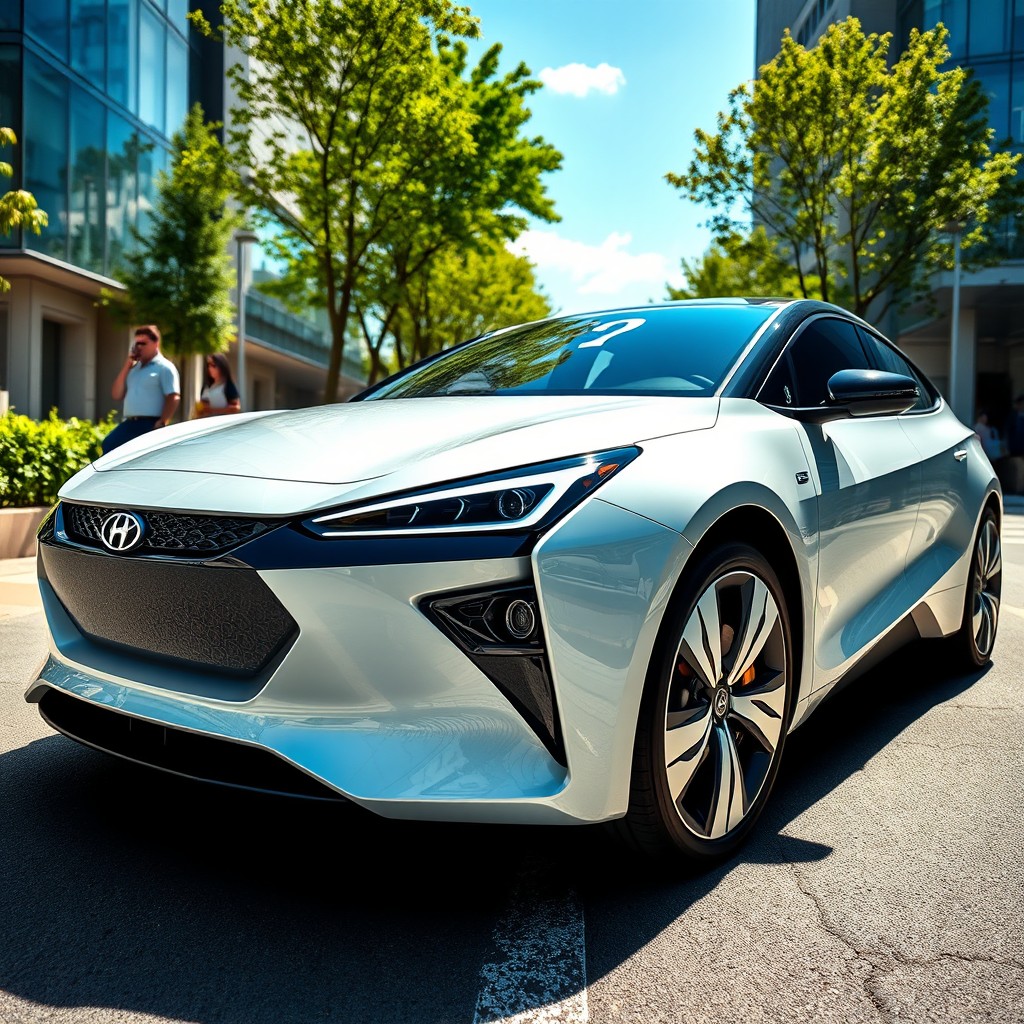 A modern hybrid car in an urban setting, showcasing its sleek and aerodynamic design