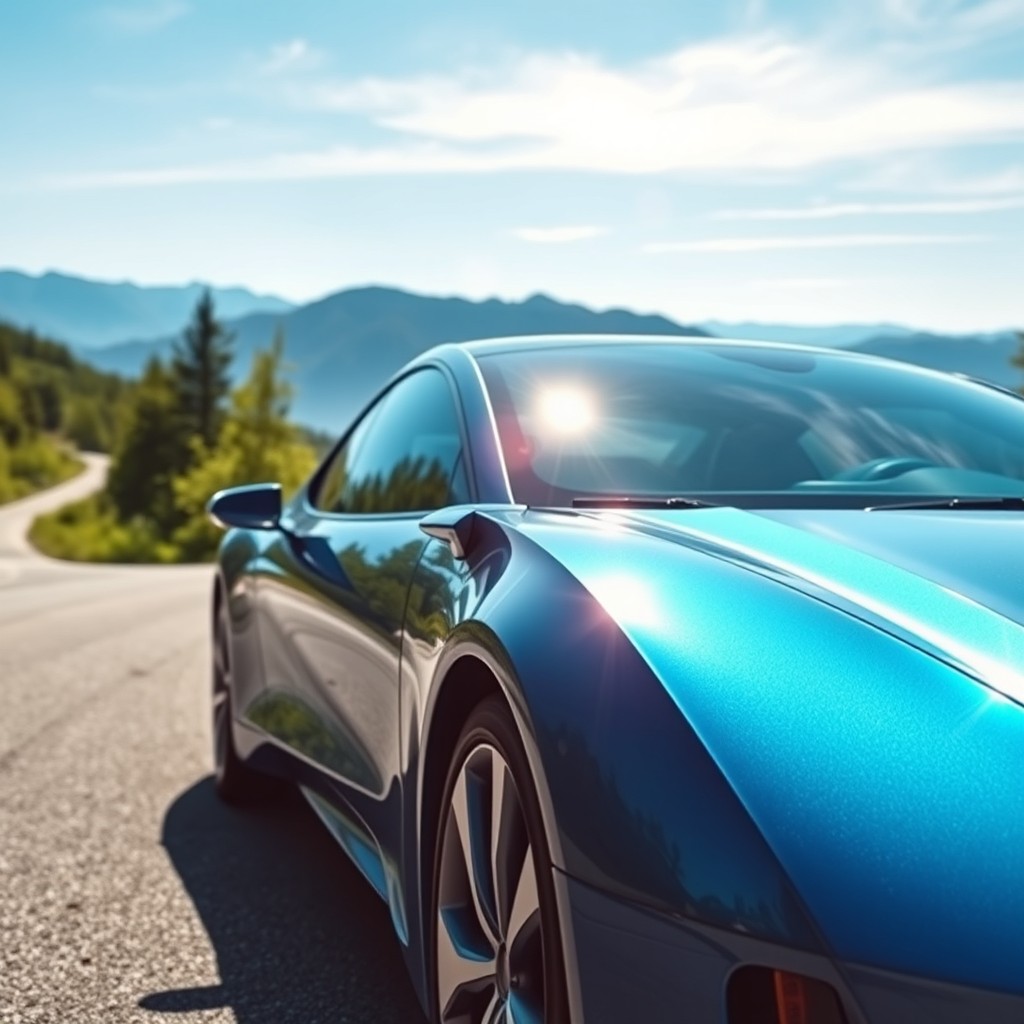 A sleek hybrid car parked on a scenic mountain road