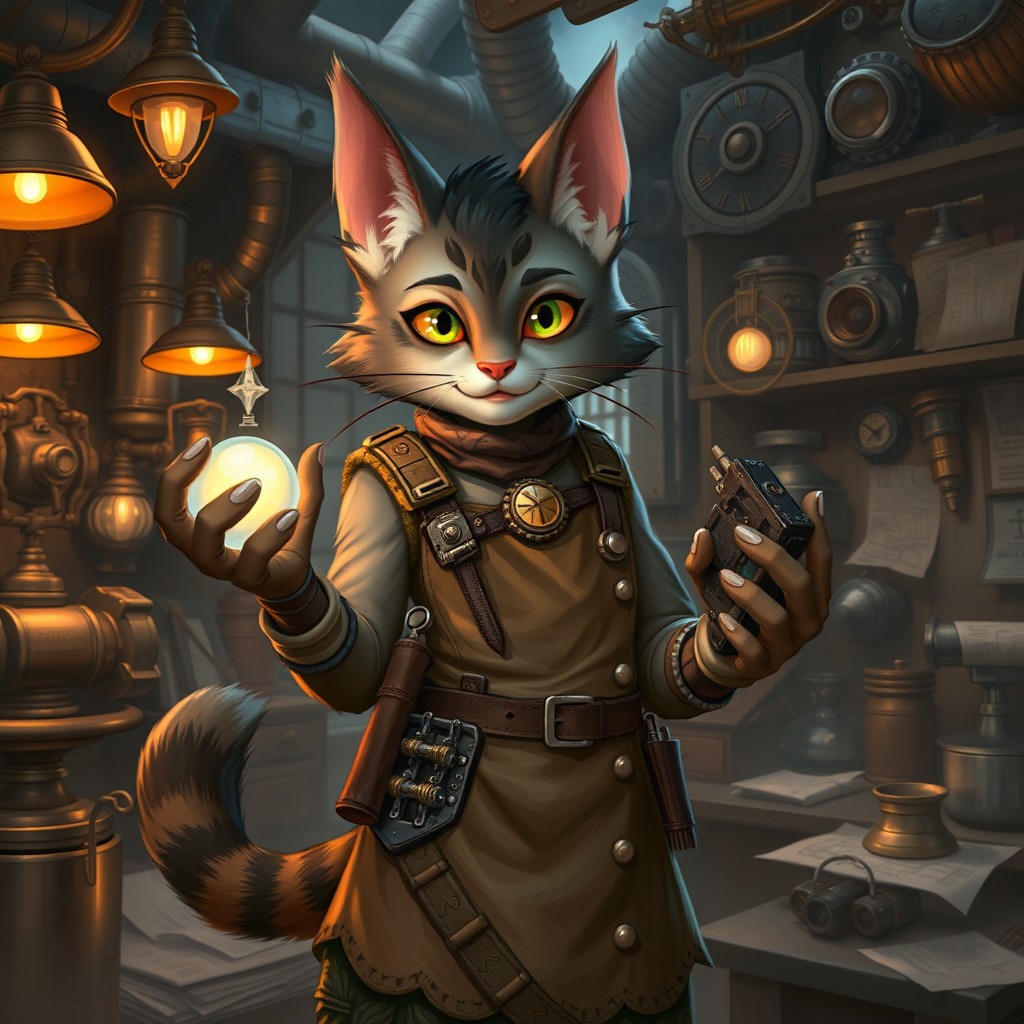 A catfolk artificer in a fantasy steampunk setting, showcasing their unique gear and gadgets