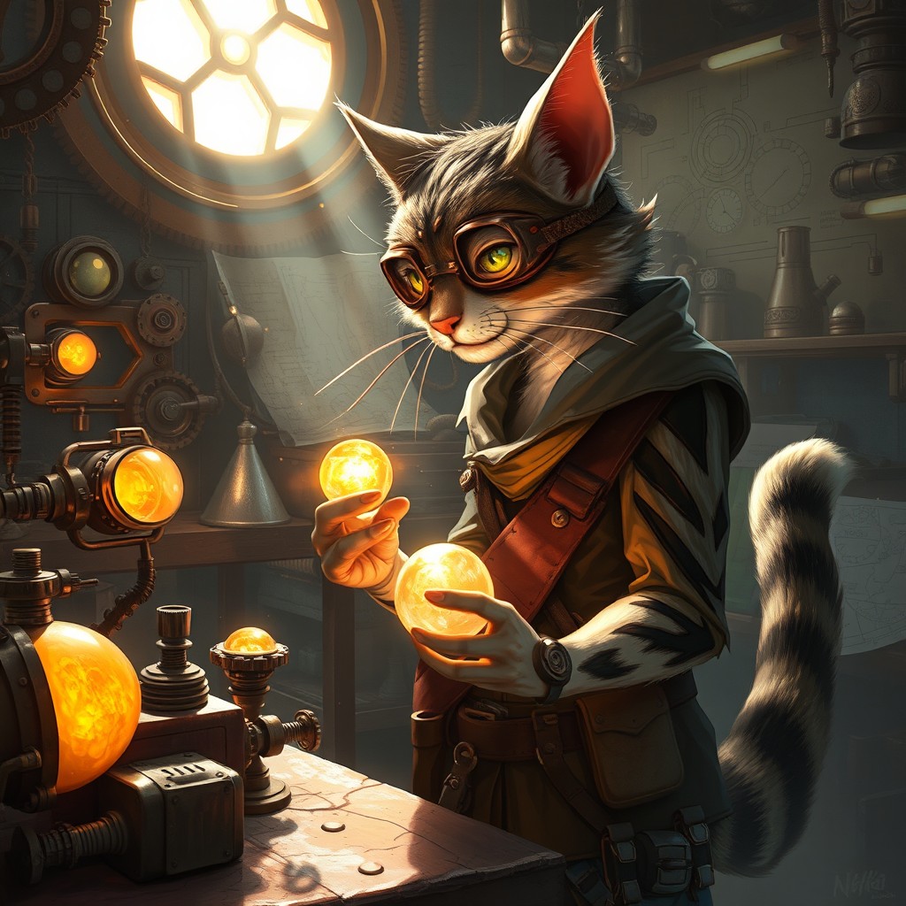 A fantasy scene featuring a catfolk artificer in a steampunk workshop